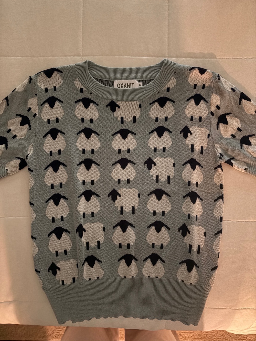 Oxknit shirt Sleeve Sheep Pattern Light Blue Knit Top